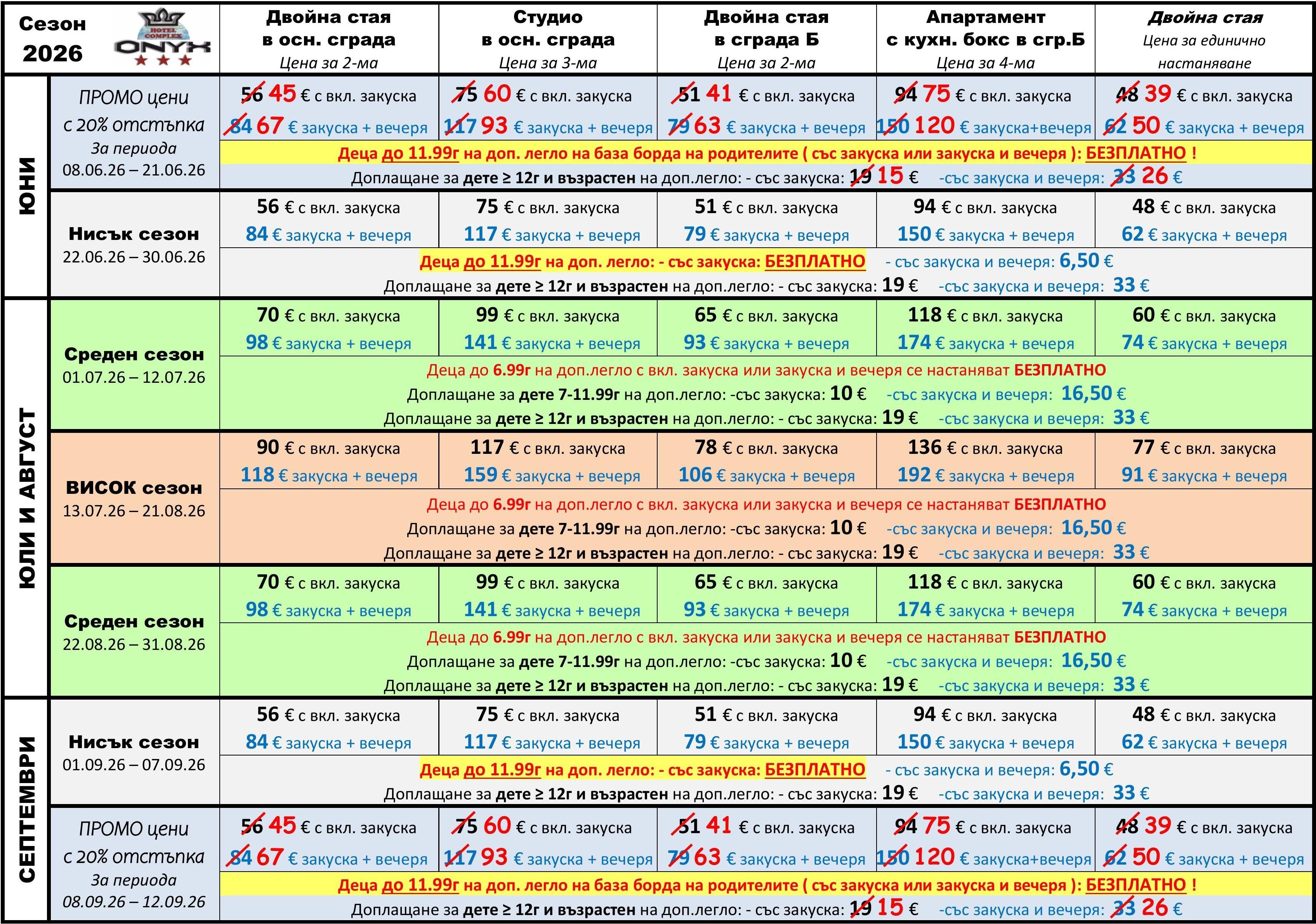Цени | Хотел Оникс, гр.Китен