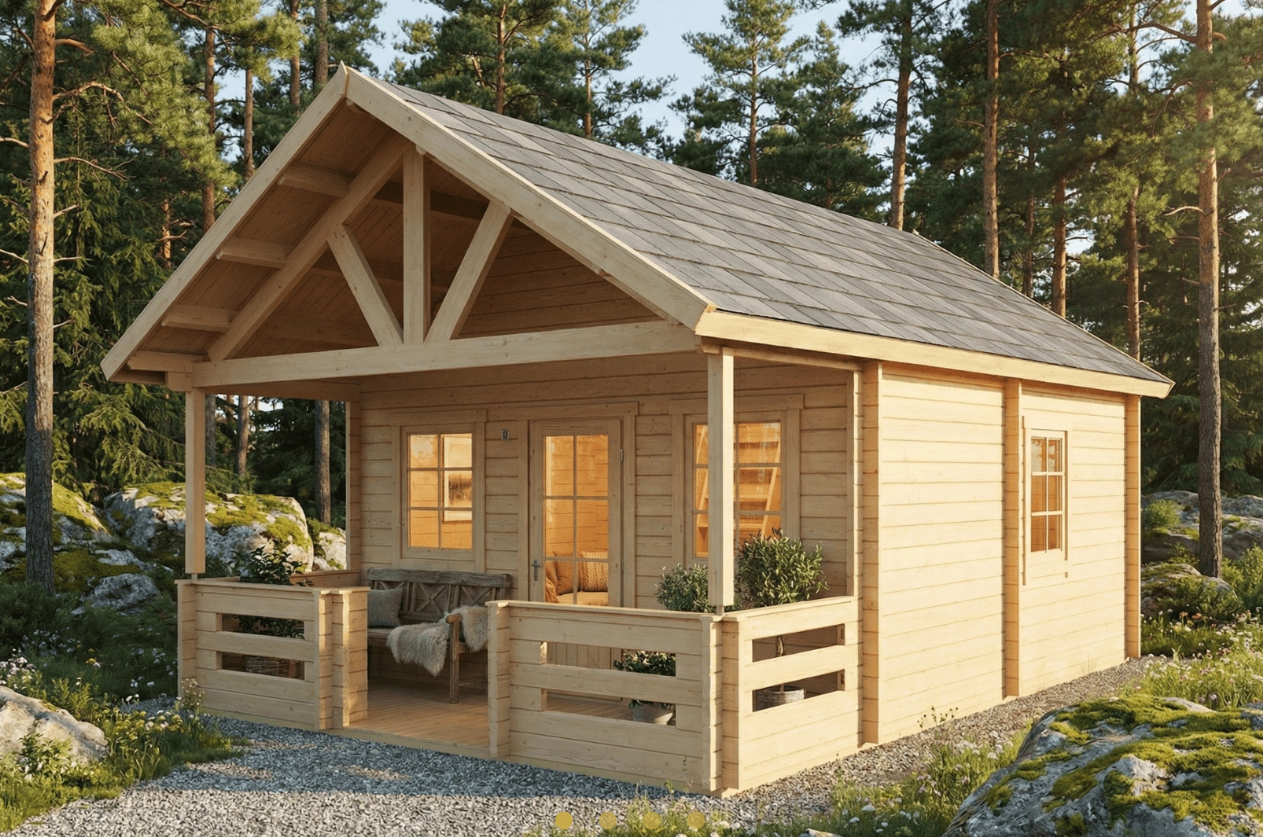 IVA HOUSE LOFT 44 PRO – сглобяема дървена къща с тераса 32.63 m² | IVASTROY 2006