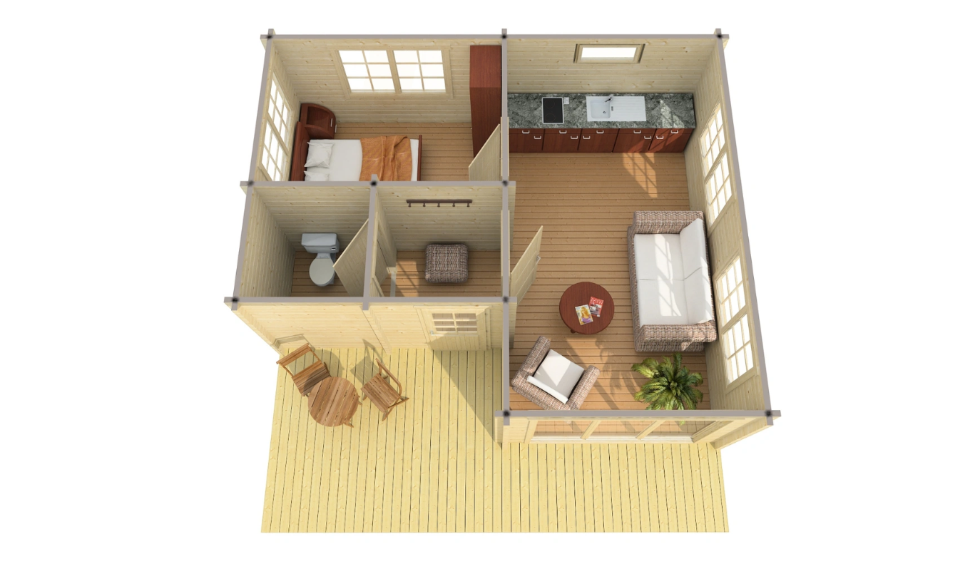 IVA HOUSE 70 – сглобяема дървена къща 39 m² с тераса и спално ниво | IVASTROY 2006