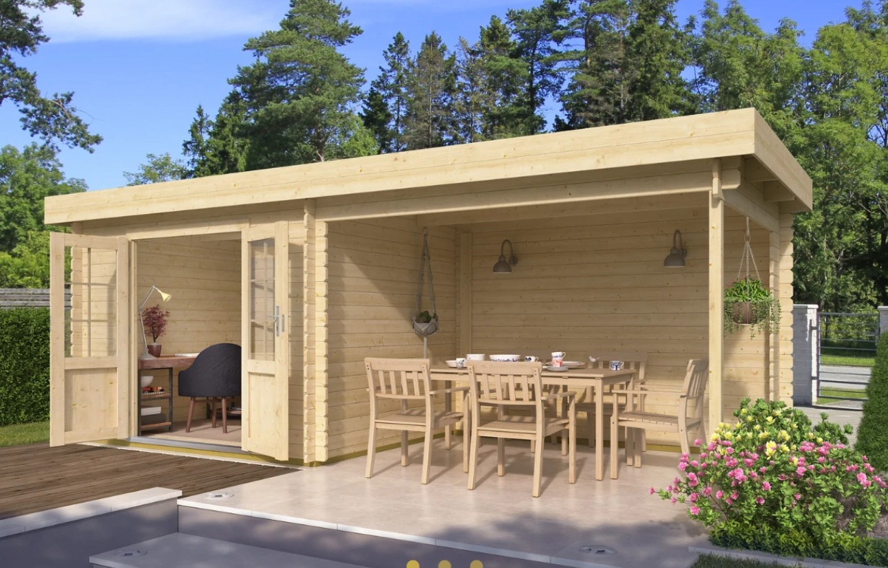 IVA GARDEN HOUSE 220 &times; 280 Компактна сглобяема дървена градинска къща с покрита зона за отдих