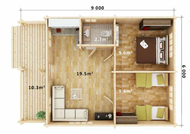 IVA HOUSE FAMILY 70 TERRACE – сглобяема дървена къща 51.7 m² 70 mm | IVASTROY 2006