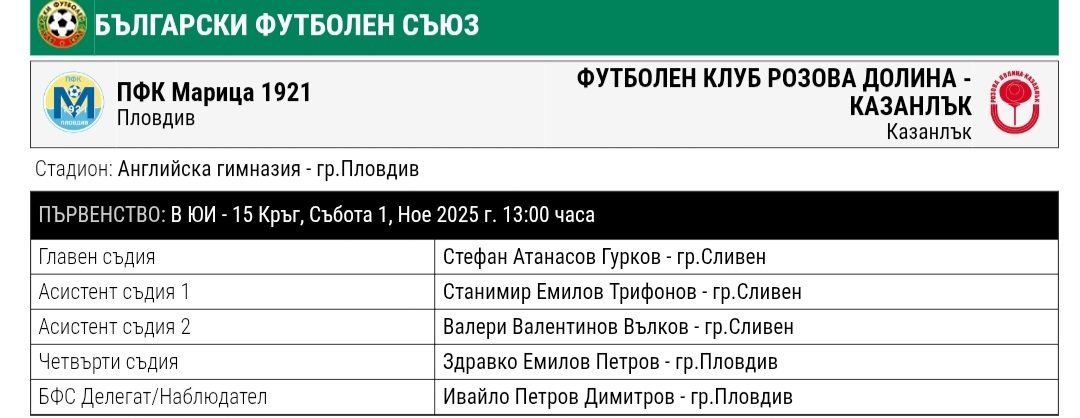 15 кръг: Марица 1921 (Пловдив) - Розова долина (Казанлък)