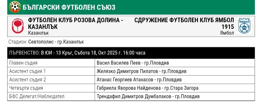 13 кръг: Розова долина (Казанлък) - ФК Ямбол 1915 (Ямбол)