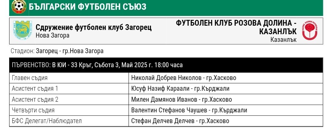 33 кръг: Загорец (Нова Загора) - Розова долина (Казанлък)