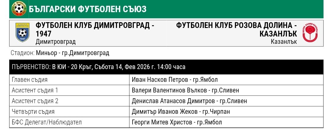 20 кръг: Димитровград 1947 (Дмгр) - Розова долина (Казанлък)