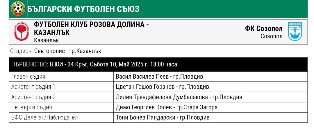 34 кръг: Розова долина (Казанлък) - Созопол (Созопол)