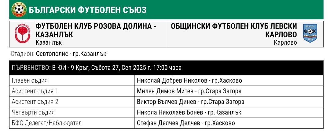 9 кръг: Розова долина (Казанлък) - Левски (Карлово)