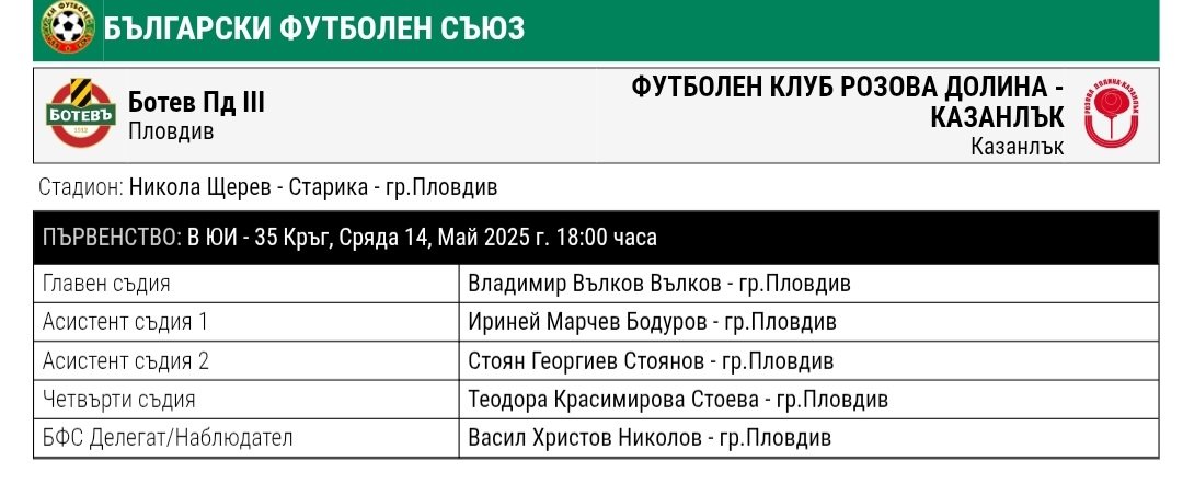 35 кръг: Ботев III (Пловдив) - Розова долина (Казанлък)